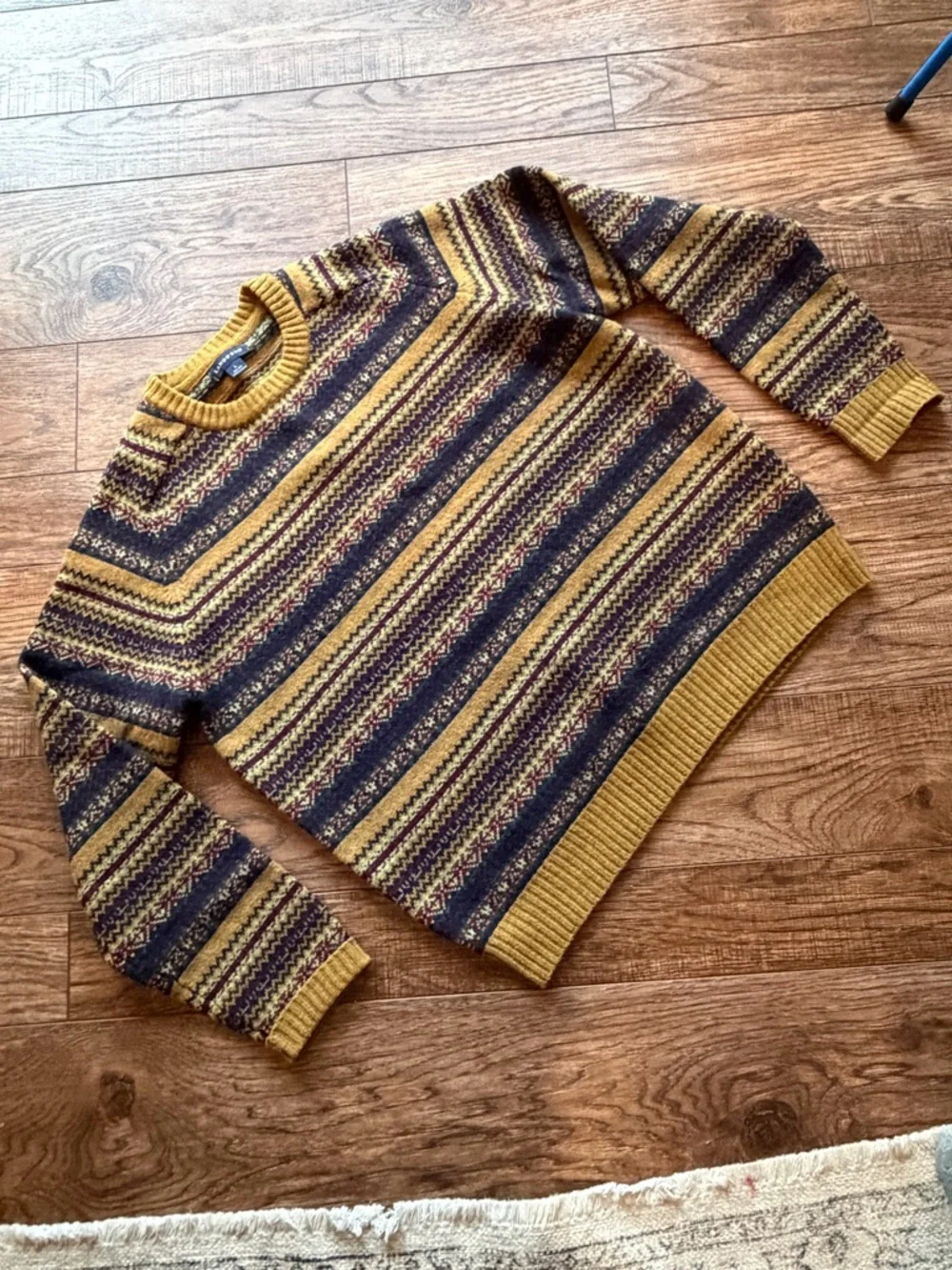 Lands' End Men's Mustard and Navy Fair Isle Crewneck Sweater 100% lambswool - Picture 2 of 5